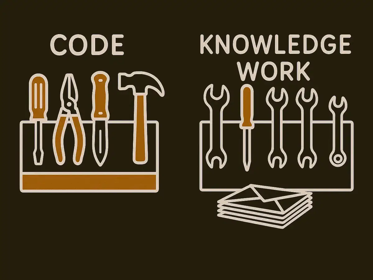 Two six-slot tool racks. The left one holds six tools. The right one holds one tool and five empty outlines, with a stack of envelopes on the floor in front of it.
