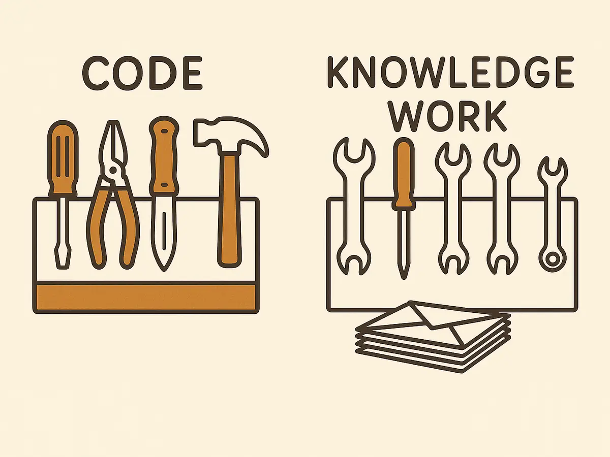Two six-slot tool racks. The left one holds six tools. The right one holds one tool and five empty outlines, with a stack of envelopes on the floor in front of it.