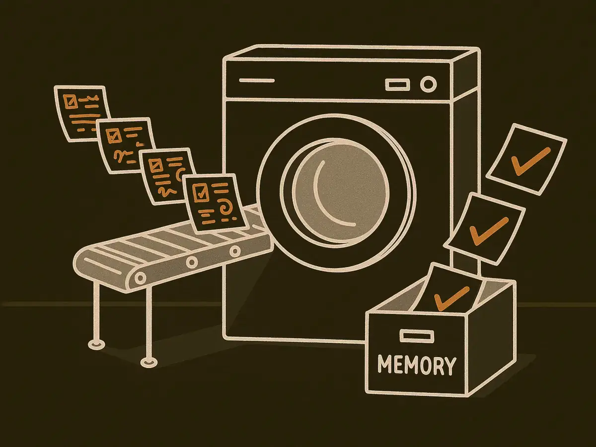 A washing machine in a laundromat. Stamped and signed paper slips go in on the left. Blank slips with only a checkmark come out on the right and fall into a filing cabinet drawer.