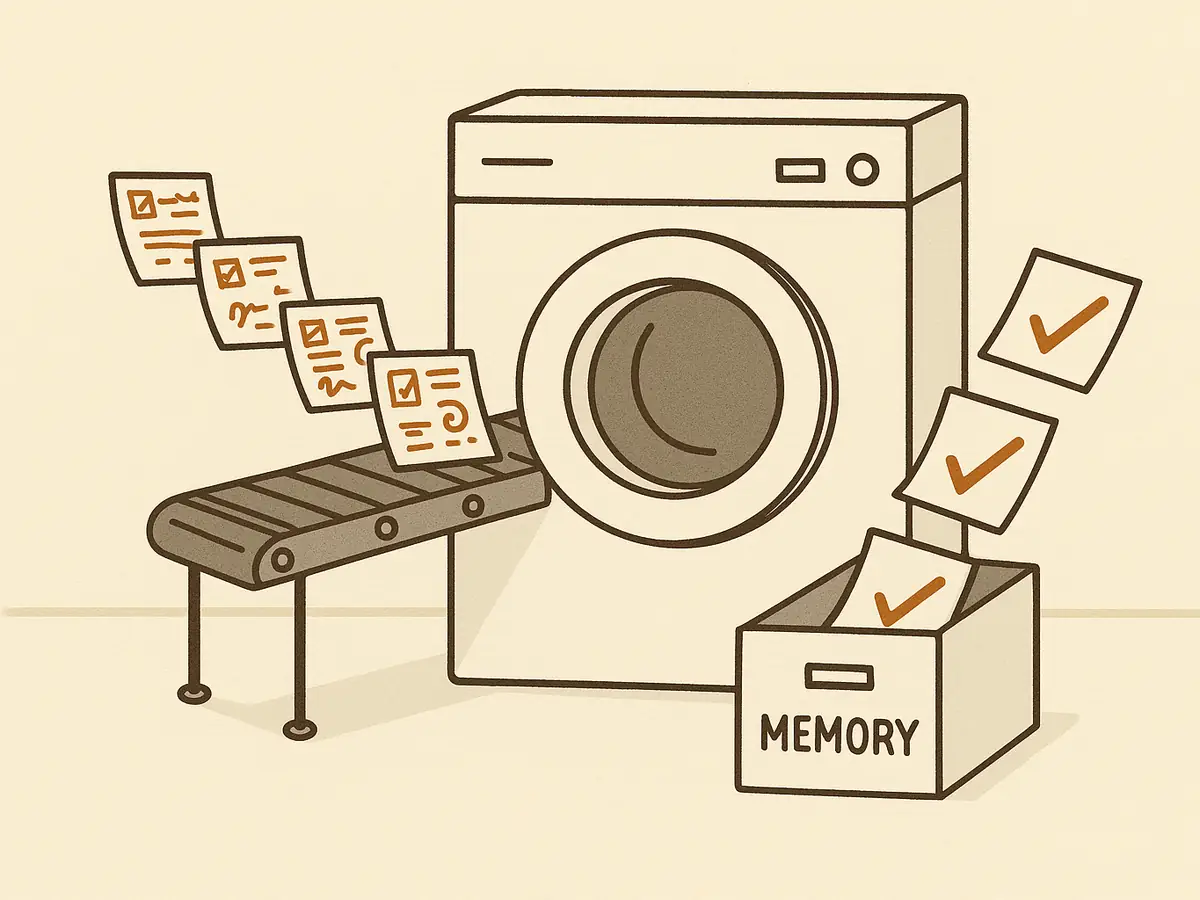 A washing machine in a laundromat. Stamped and signed paper slips go in on the left. Blank slips with only a checkmark come out on the right and fall into a filing cabinet drawer.