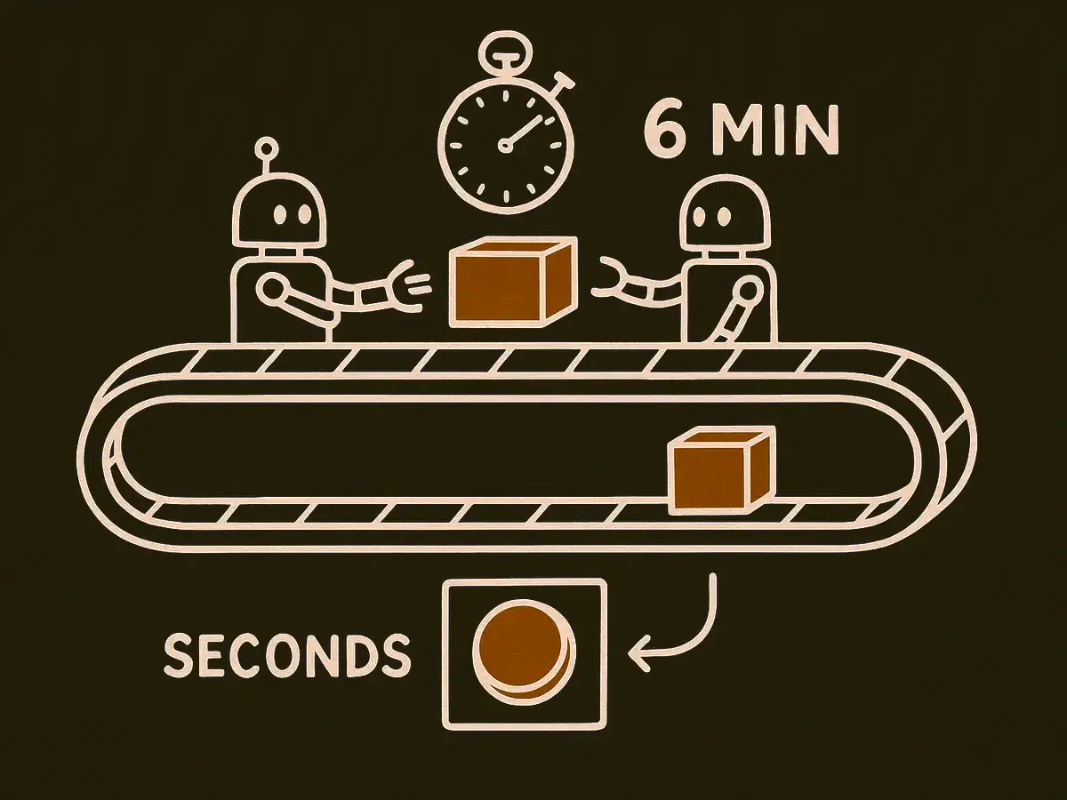 A looping conveyor with two robots passing a box and a stopwatch above it, and beneath it a single large button with a short arrow to the same box.
