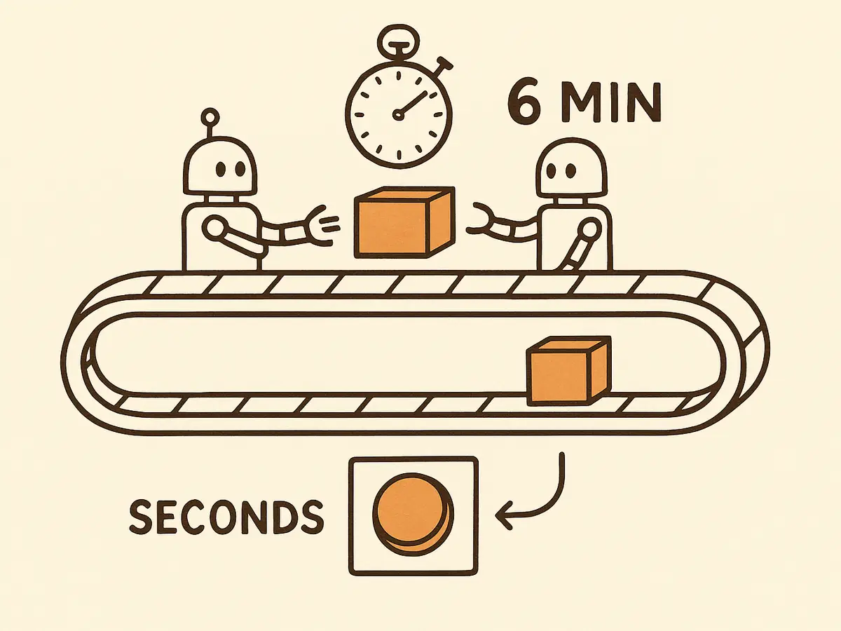 A looping conveyor with two robots passing a box and a stopwatch above it, and beneath it a single large button with a short arrow to the same box.