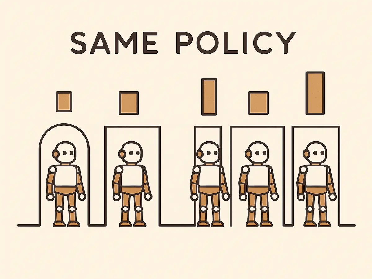 Five identical small robots each standing in a differently shaped doorway, with a bar of a different height above each doorway.
