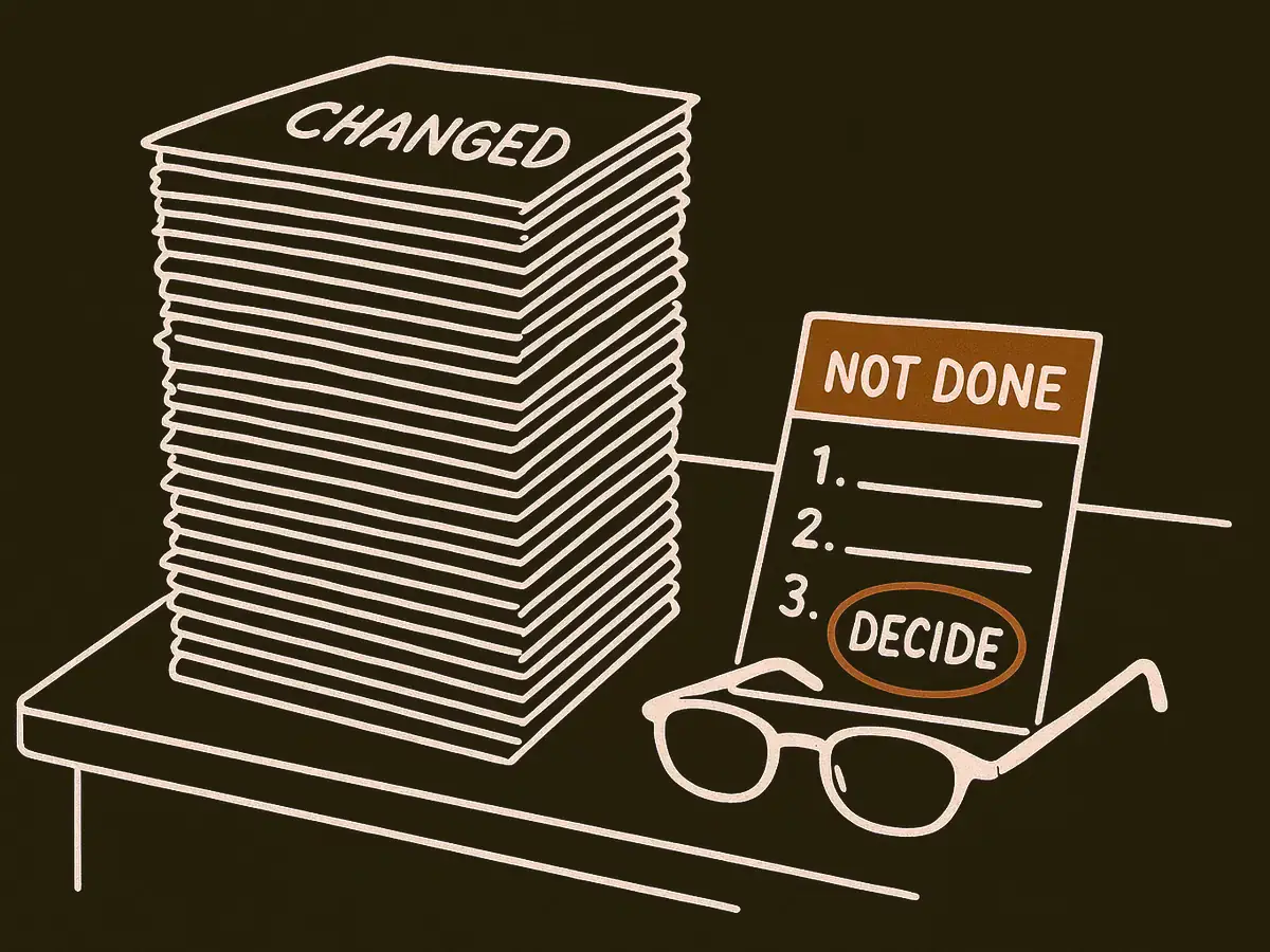A very tall stack of paper next to a single small index card with three numbered lines, the third circled, and reading glasses resting on the card.