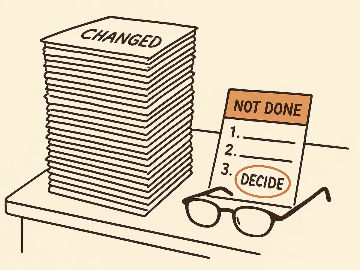 A very tall stack of paper next to a single small index card with three numbered lines, the third circled, and reading glasses resting on the card.