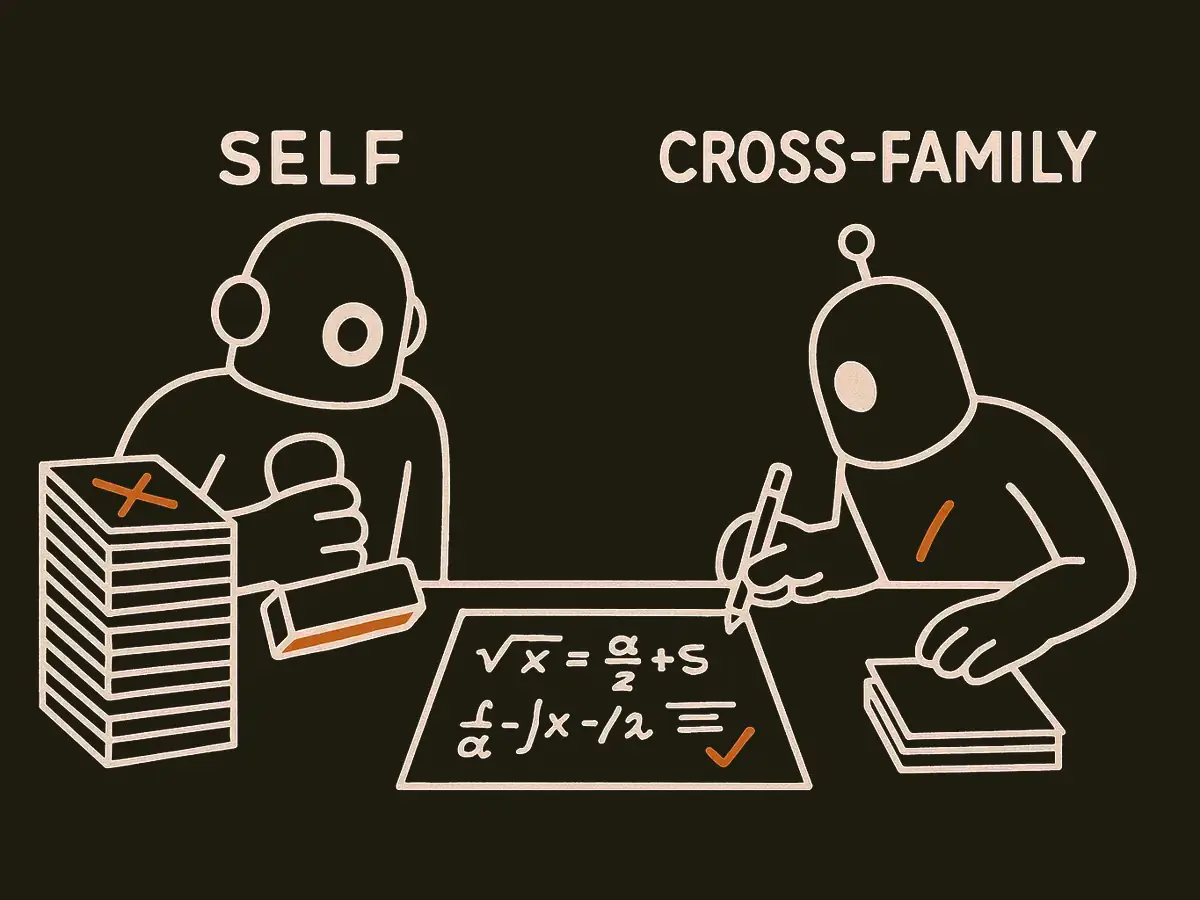 A math worksheet between two reviewers: a mirror-image figure with a big stamp and a tall reject pile on the left, a different figure with a pen and a short pile on the right.