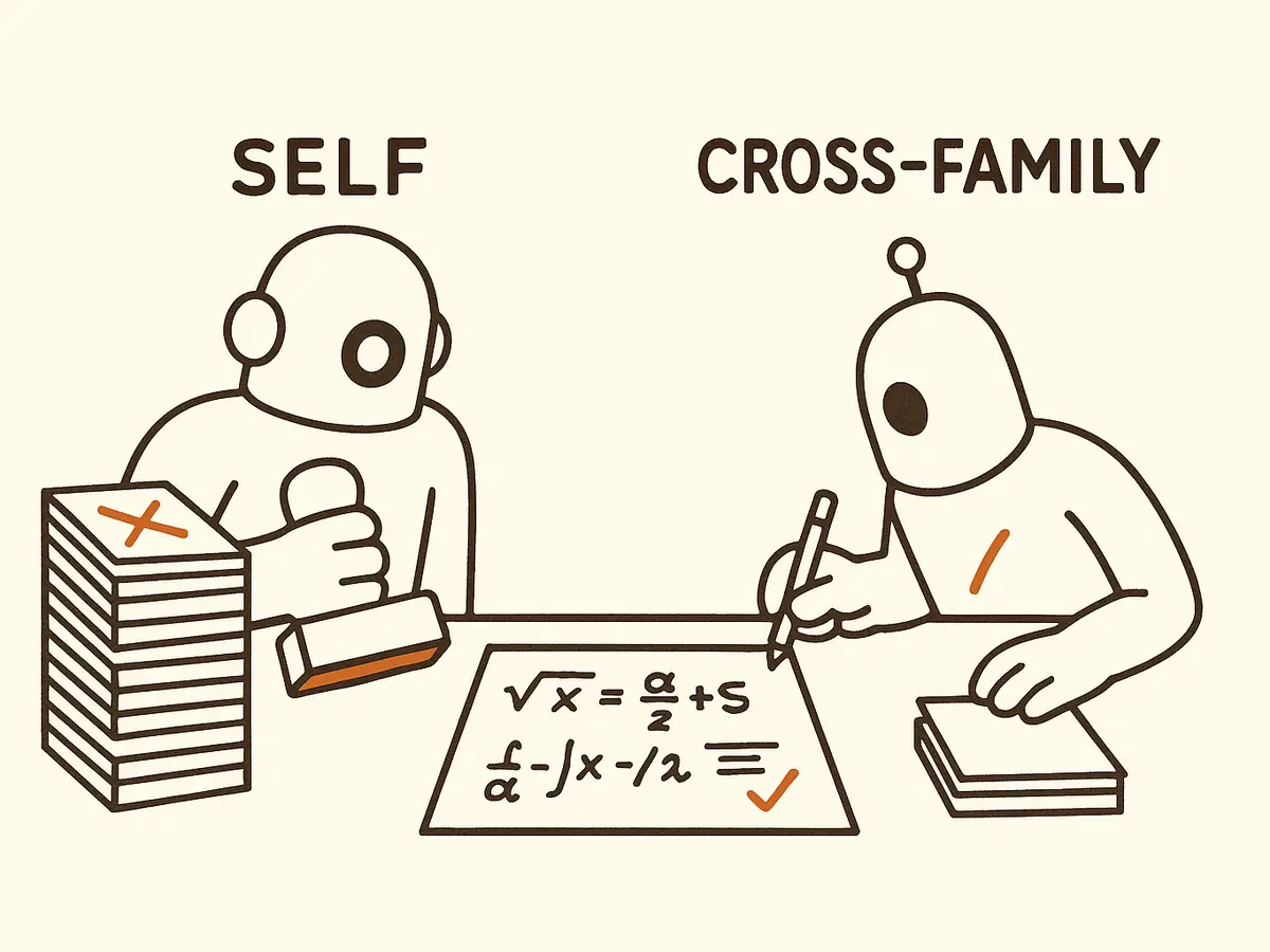 A math worksheet between two reviewers: a mirror-image figure with a big stamp and a tall reject pile on the left, a different figure with a pen and a short pile on the right.
