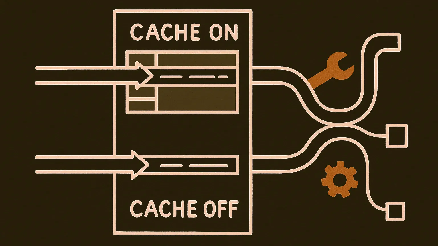 Two identical text strips enter a box; one is partly taken from a shelf of stored slices, the other read fresh. Their exit paths fork and wind through a grid of small tool icons to different endpoints.