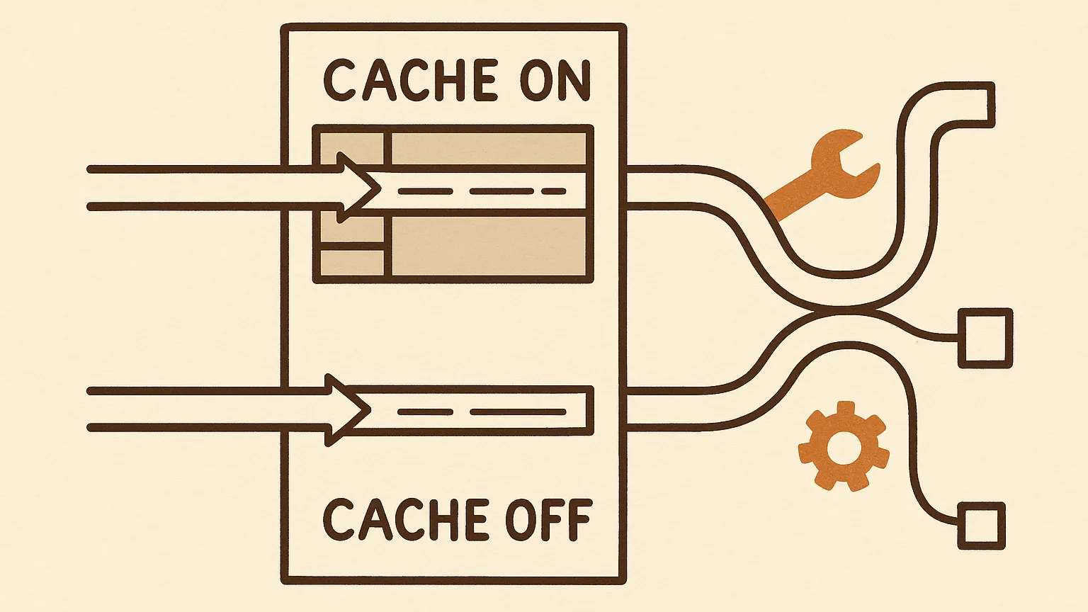 Two identical text strips enter a box; one is partly taken from a shelf of stored slices, the other read fresh. Their exit paths fork and wind through a grid of small tool icons to different endpoints.