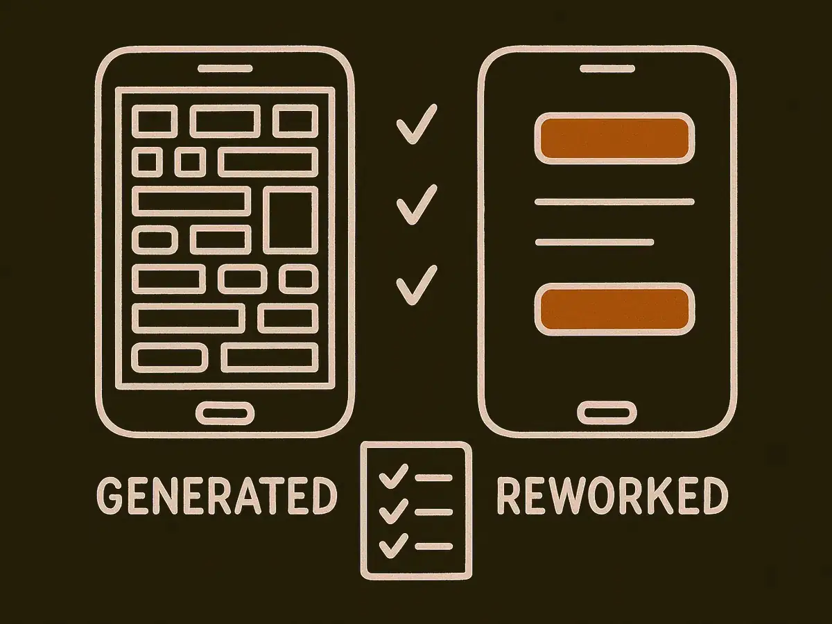 Two phone screens side by side, the left crowded with boxes, the right sparse, with a column of check marks and crosses between them and a small rule card below.
