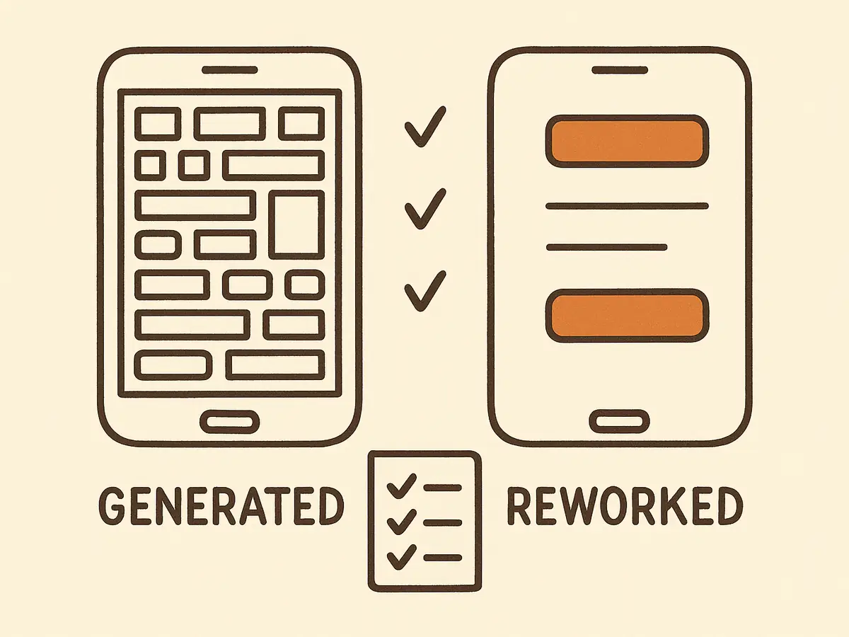 Two phone screens side by side, the left crowded with boxes, the right sparse, with a column of check marks and crosses between them and a small rule card below.