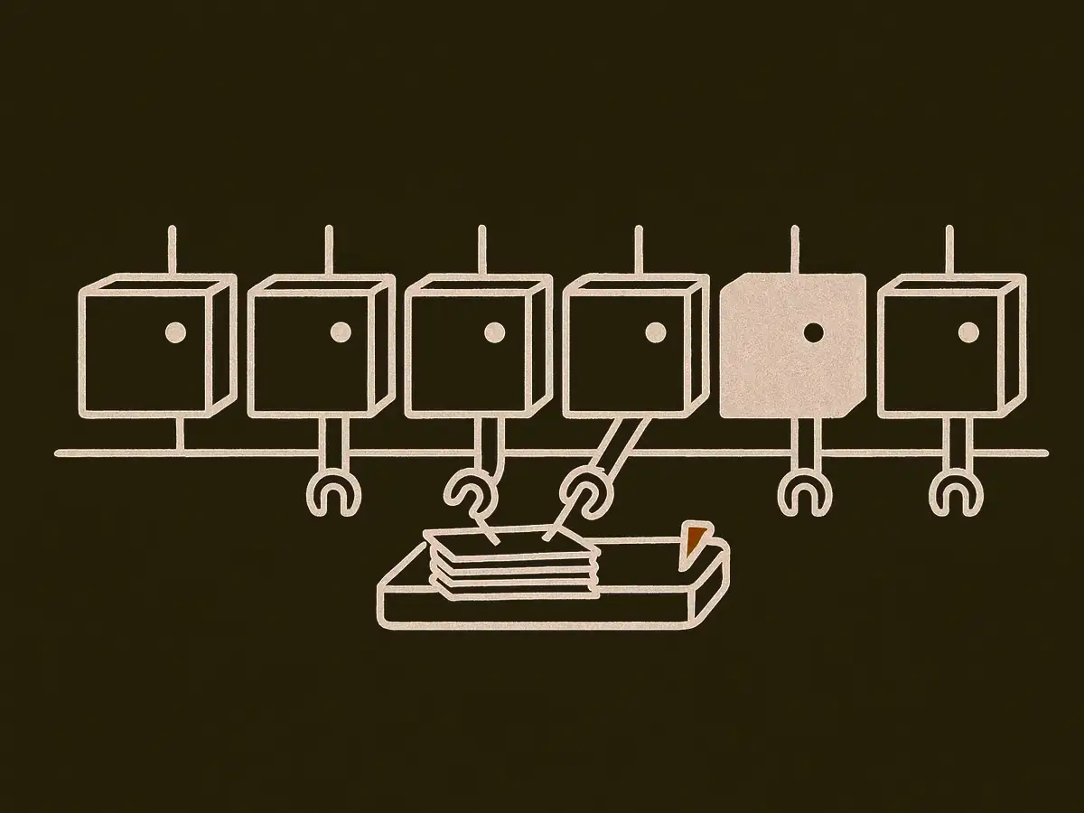Five boxes on a shelf reach down to a shared tray of tickets; one box is unplugged and its ticket is pinned back on the tray with a clip.