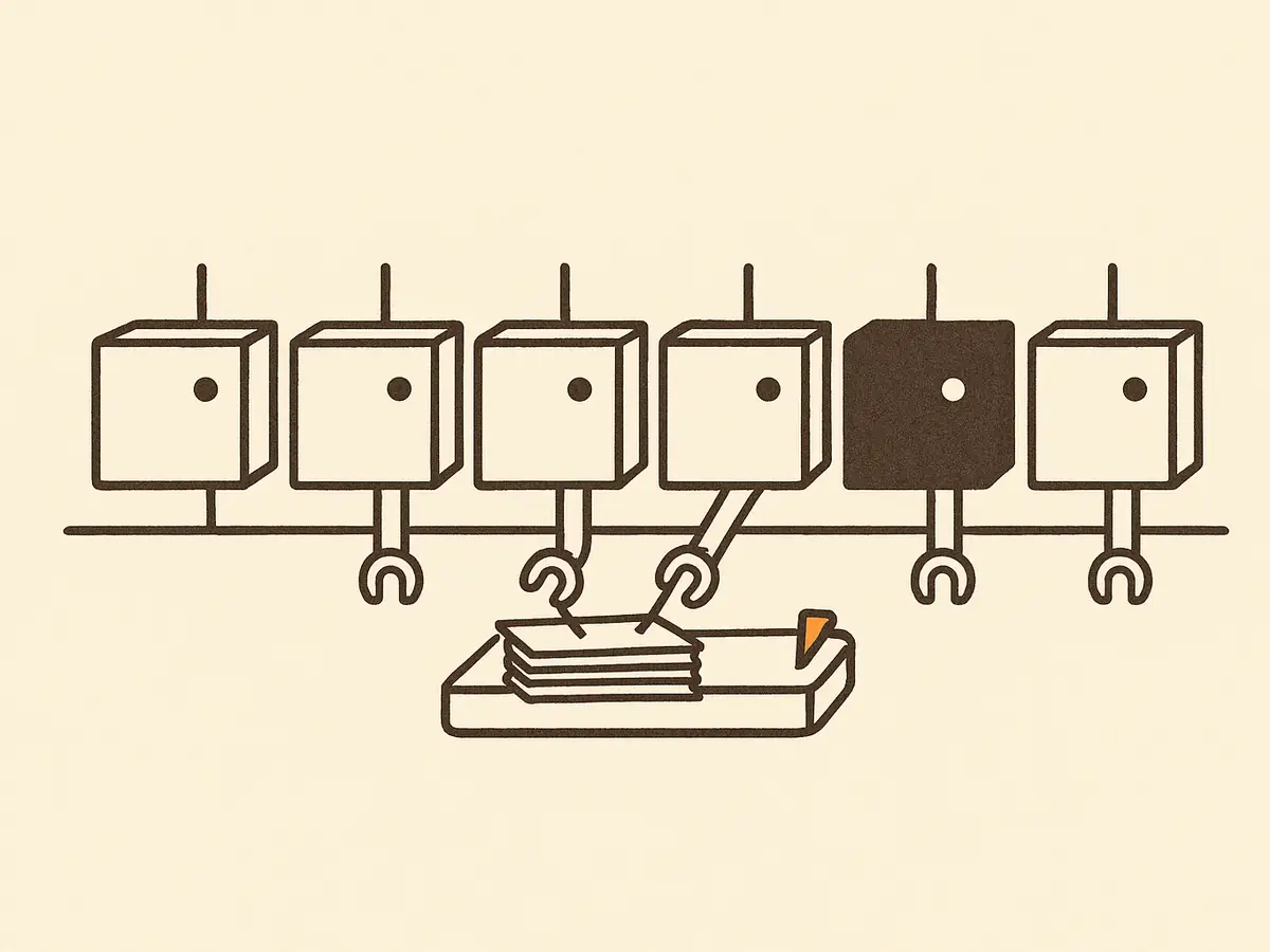 Five boxes on a shelf reach down to a shared tray of tickets; one box is unplugged and its ticket is pinned back on the tray with a clip.