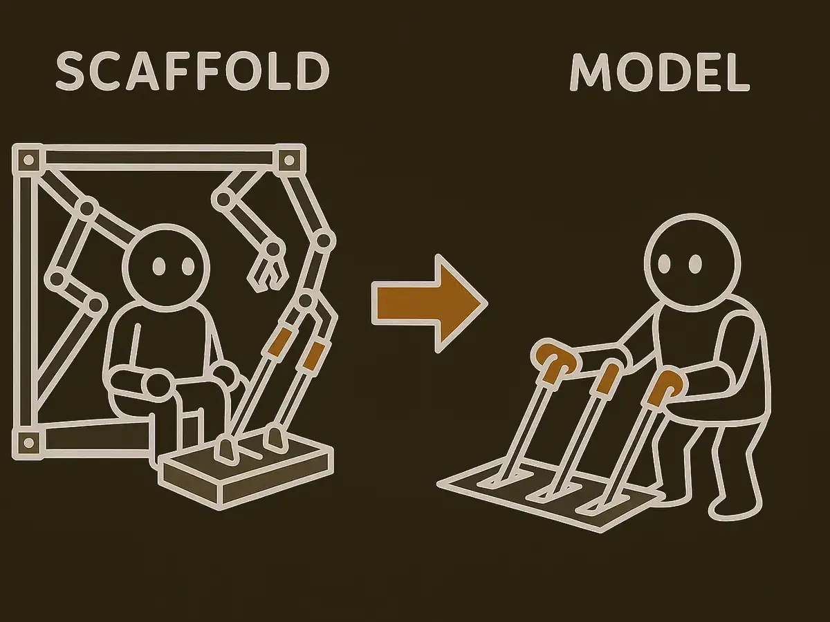 Two side-by-side drawings. On the left a robot sits inside a frame of struts whose mechanical arms pull a row of levers. On the right the frame is gone and the robot pulls the same levers itself. An arrow points from left to right.