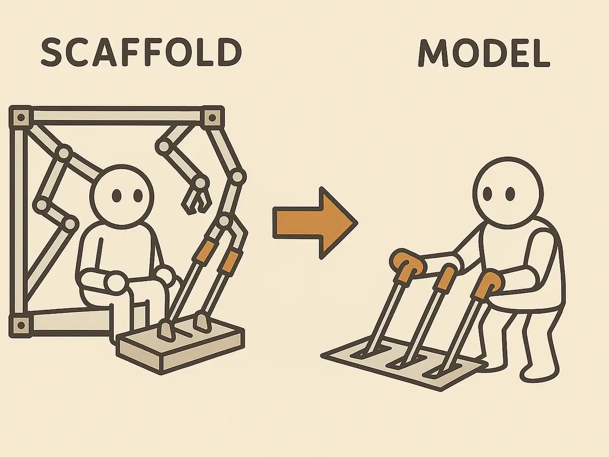 Two side-by-side drawings. On the left a robot sits inside a frame of struts whose mechanical arms pull a row of levers. On the right the frame is gone and the robot pulls the same levers itself. An arrow points from left to right.