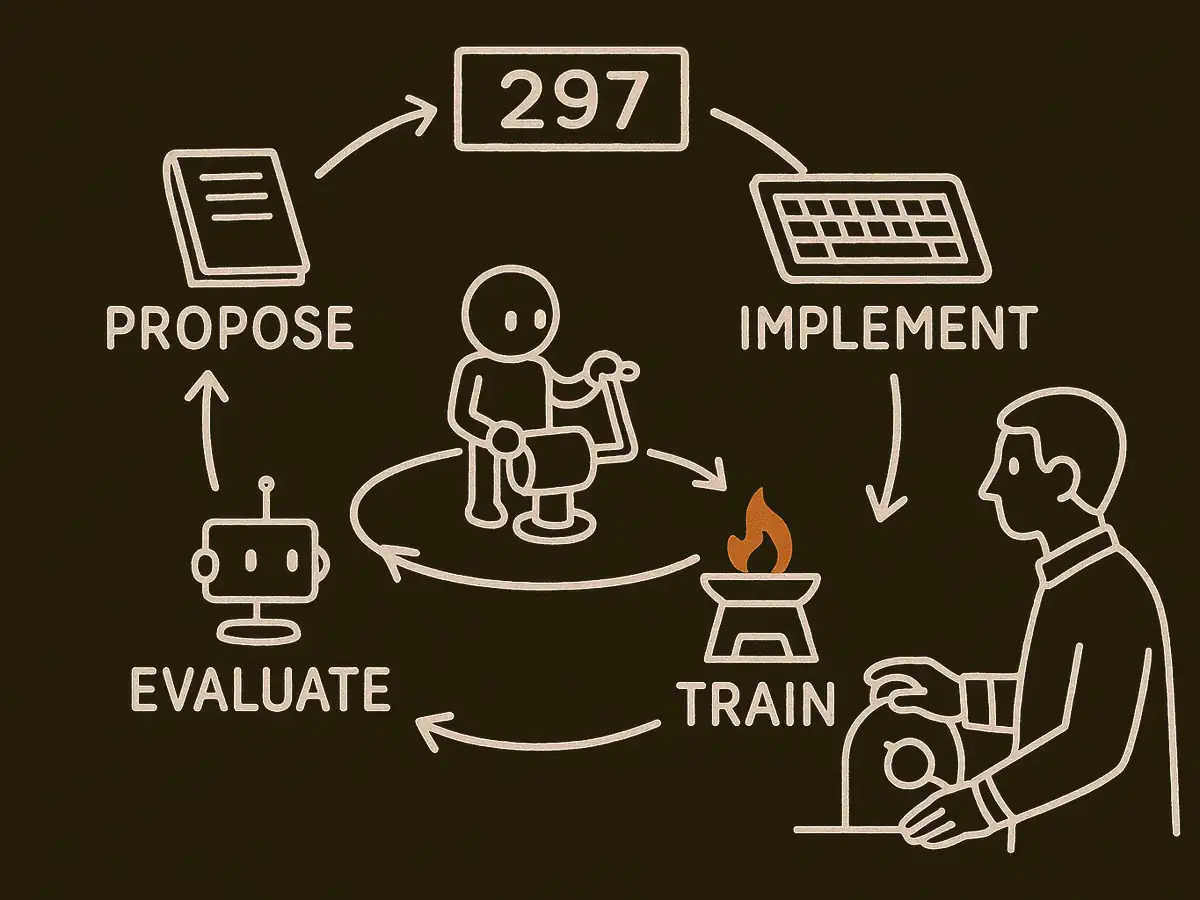 Four stations arranged in a circle and joined by clockwise arrows: a notepad, a keyboard, a furnace and a set of scales. A robot in the centre turns a crank. A human figure outside the circle holds a dial, and a counter sits above the loop.