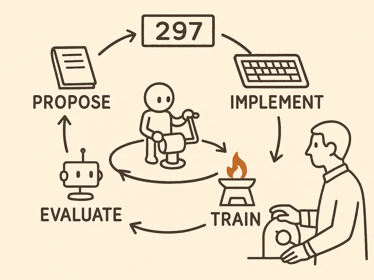 Four stations arranged in a circle and joined by clockwise arrows: a notepad, a keyboard, a furnace and a set of scales. A robot in the centre turns a crank. A human figure outside the circle holds a dial, and a counter sits above the loop.