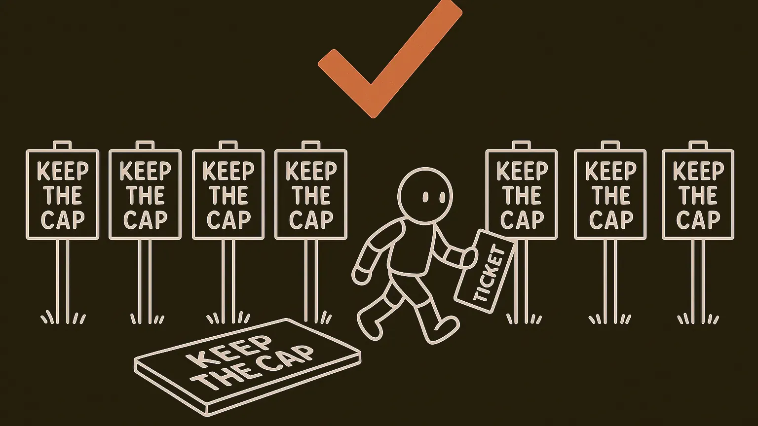 Thirteen identical signposts form a fence across a field. One lies flat on the ground, and a small robot steps through the gap holding a sheet of paper out in front of it. A large check mark floats behind the fence.