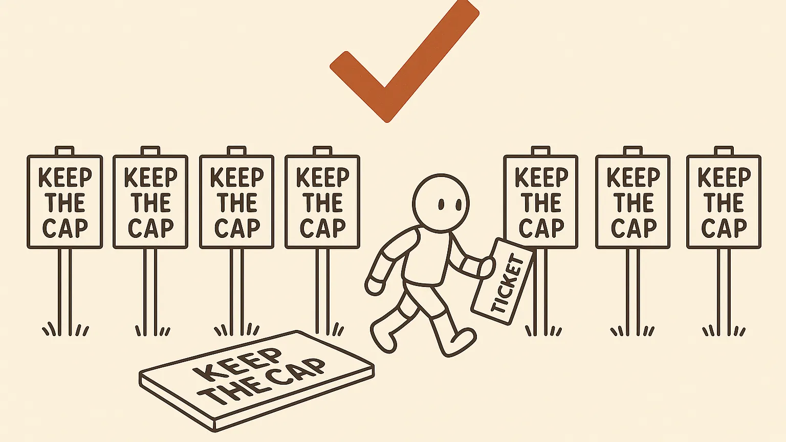 Thirteen identical signposts form a fence across a field. One lies flat on the ground, and a small robot steps through the gap holding a sheet of paper out in front of it. A large check mark floats behind the fence.
