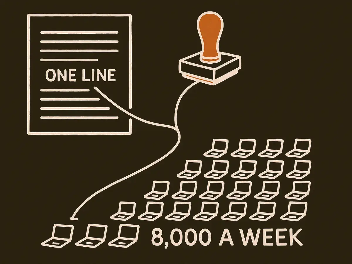 A page of thin text lines in the upper left, with a thread running out of one line, through a rubber stamp and a narrow funnel, then fanning out into rows of many identical small laptops below.