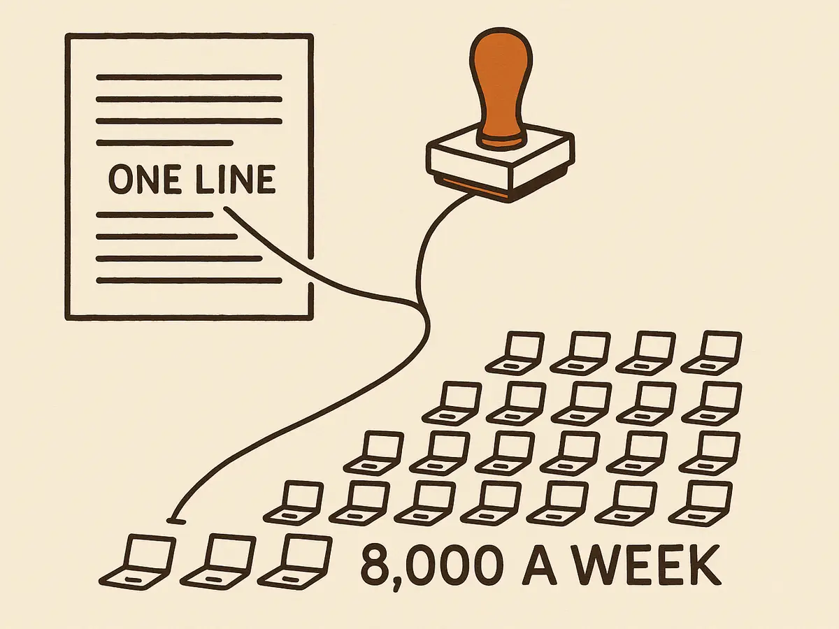 A page of thin text lines in the upper left, with a thread running out of one line, through a rubber stamp and a narrow funnel, then fanning out into rows of many identical small laptops below.