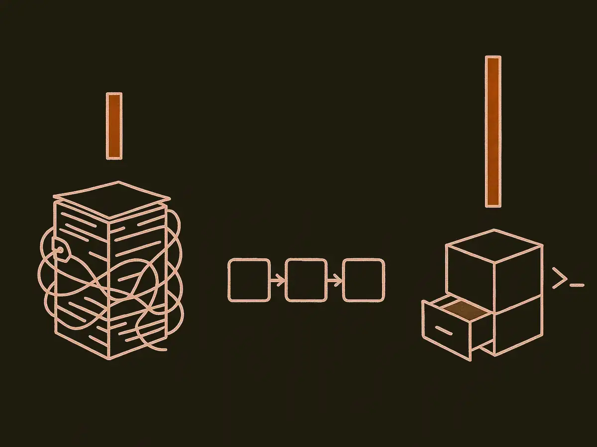 Three machines in a row, each simpler than the last: a bolted stack of sheets wrapped in wires, then three small boxes joined by arrows, then one plain box resting on an open filing drawer. A vertical bar stands above each; the right-hand bar is twice the height of the others.