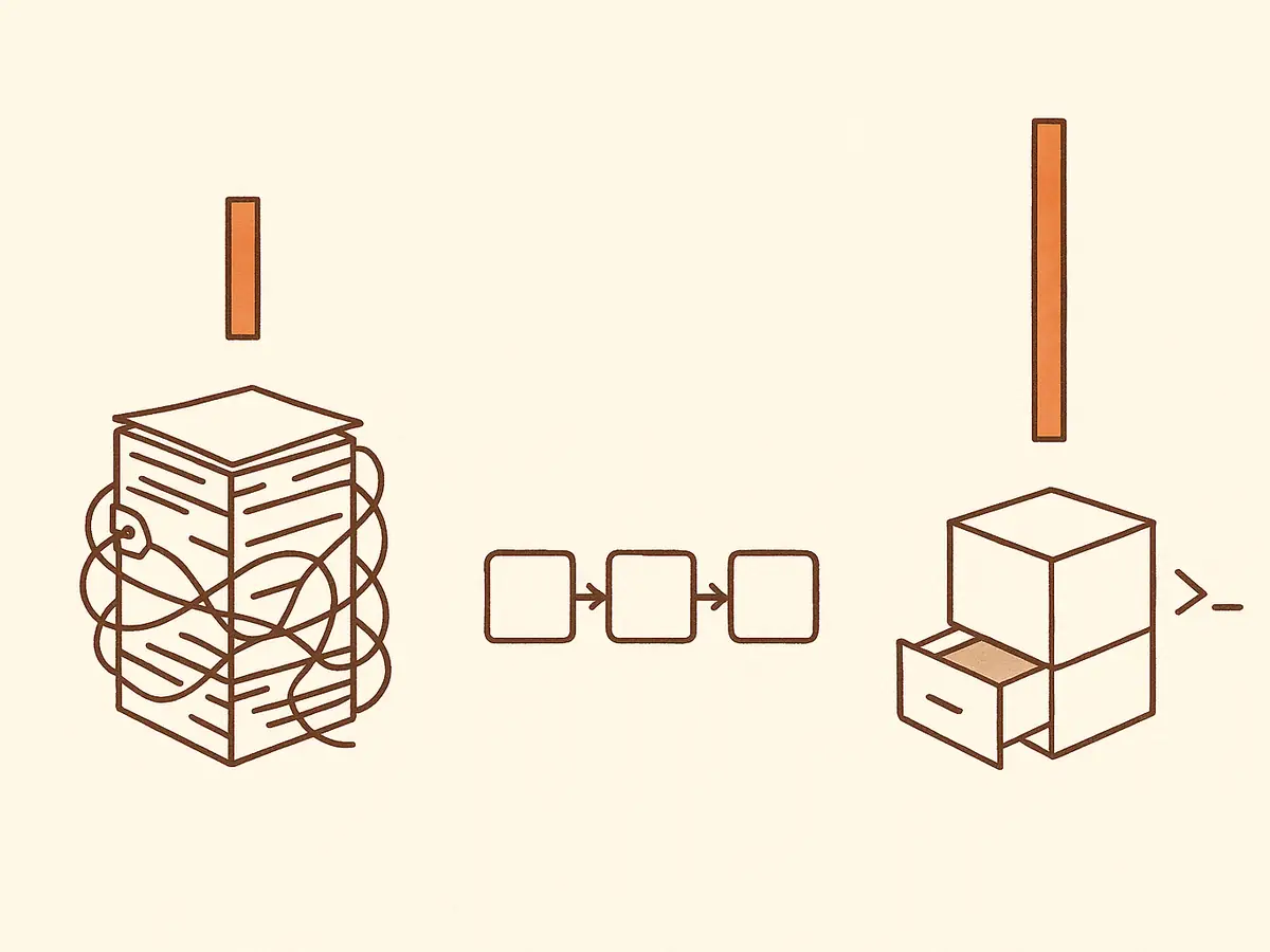 Three machines in a row, each simpler than the last: a bolted stack of sheets wrapped in wires, then three small boxes joined by arrows, then one plain box resting on an open filing drawer. A vertical bar stands above each; the right-hand bar is twice the height of the others.