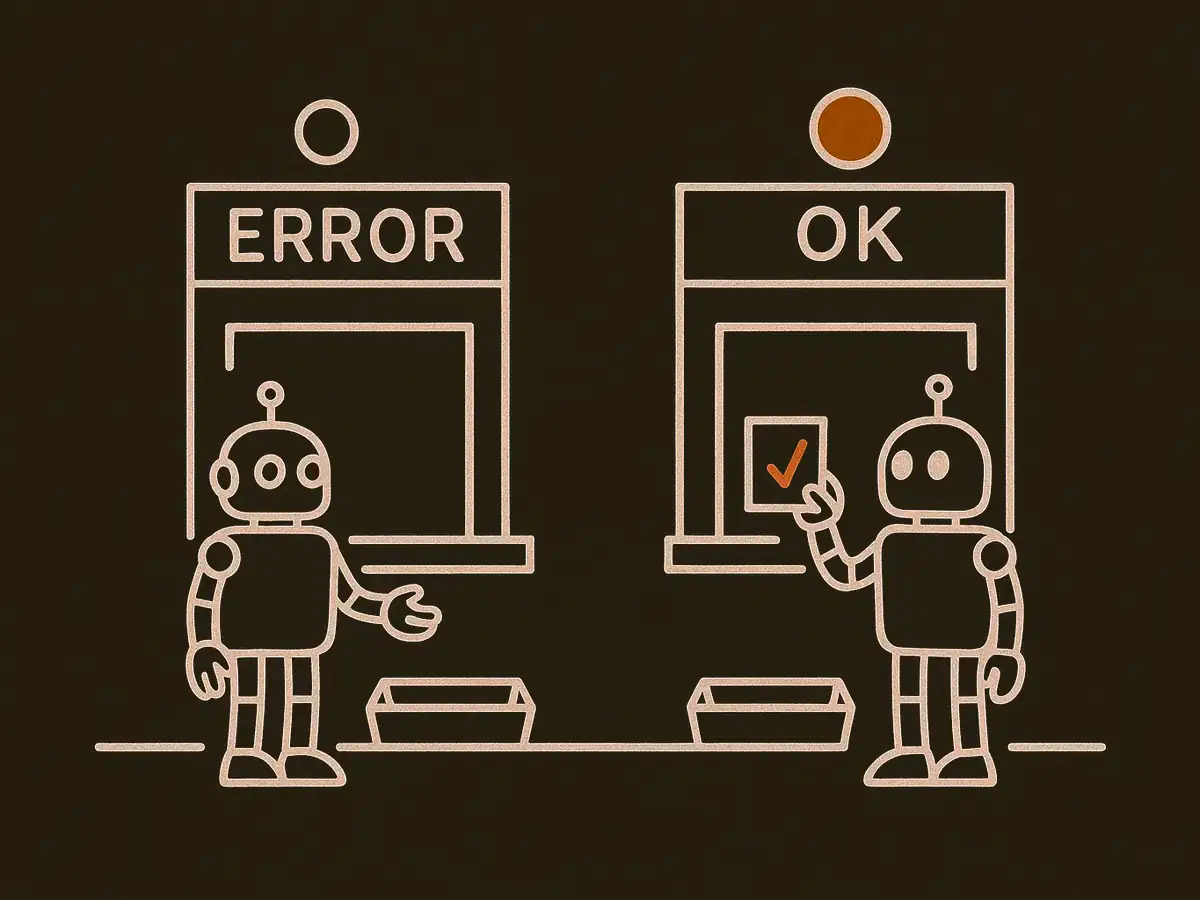 Two identical serving hatches with empty collection trays. Above the left hatch a dark status lamp, and a robot in front of it standing with open, empty hands. Above the right hatch a lit lamp, and an identical robot holding up a small card with a tick mark drawn on it.