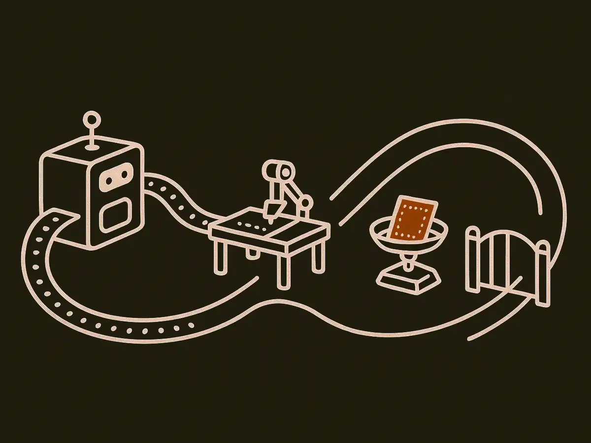 A running machine spools trace tape into a small workbench, which writes an instruction card. The card sits on a balance scale in front of a closed gate, with a path beyond the gate looping back to the machine.