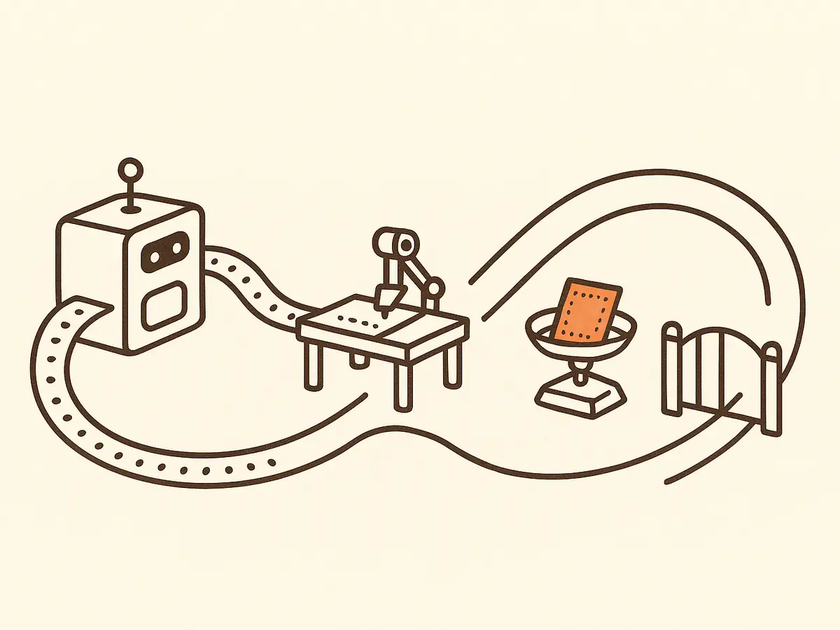 A running machine spools trace tape into a small workbench, which writes an instruction card. The card sits on a balance scale in front of a closed gate, with a path beyond the gate looping back to the machine.