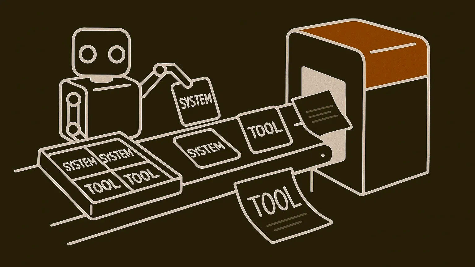 A mechanical sorter feeds small tags into a slot on a machine. Most are stamped metal plates reading SYSTEM and TOOL. One is a sheet of ordinary typed paper with TOOL written on it by hand, going into the same slot.