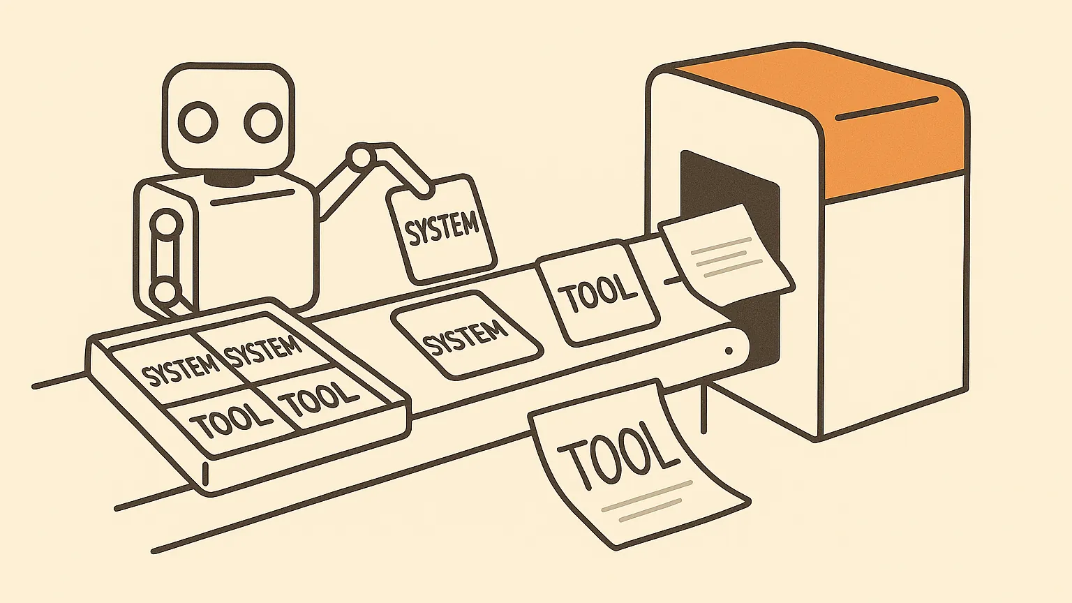 A mechanical sorter feeds small tags into a slot on a machine. Most are stamped metal plates reading SYSTEM and TOOL. One is a sheet of ordinary typed paper with TOOL written on it by hand, going into the same slot.