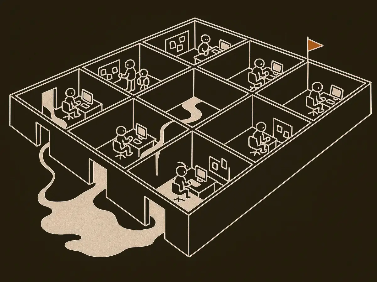 Eight walled pens in two rows, each with small figures at desks. Three open doorways let thin dark lines of ink run in and spread between the pens. One pen has raised a small flag, and the ink continues past it.
