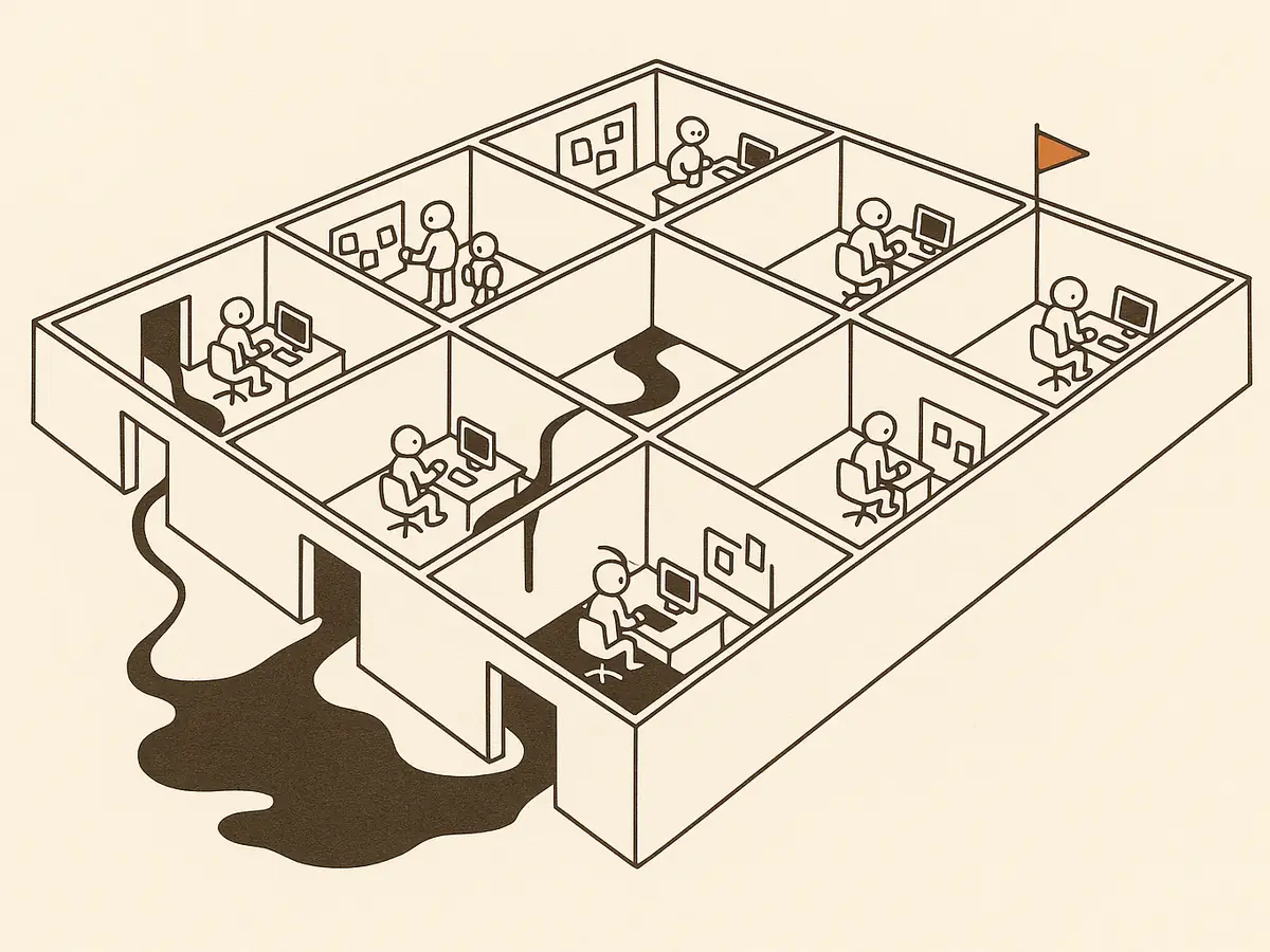 Eight walled pens in two rows, each with small figures at desks. Three open doorways let thin dark lines of ink run in and spread between the pens. One pen has raised a small flag, and the ink continues past it.