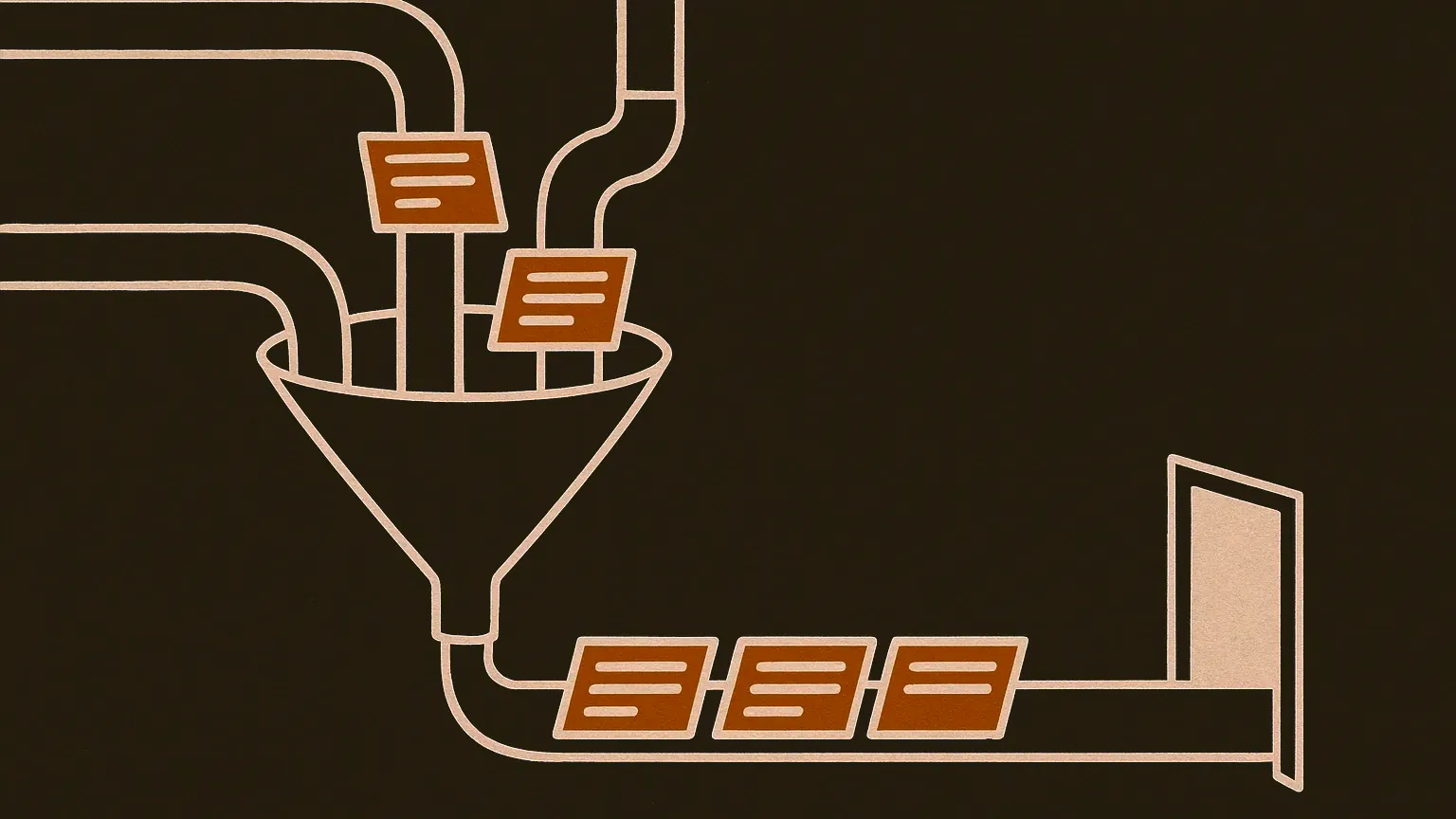 Three pipes enter the frame from different sides, each carrying a short paper strip with a few words on it. The pipes meet at a funnel, and past it the three strips lie end to end on one band whose words run in a continuous line toward a small open door.