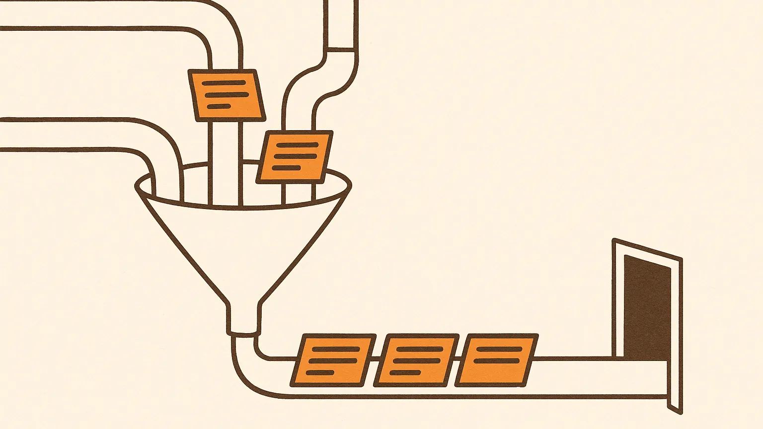 Three pipes enter the frame from different sides, each carrying a short paper strip with a few words on it. The pipes meet at a funnel, and past it the three strips lie end to end on one band whose words run in a continuous line toward a small open door.