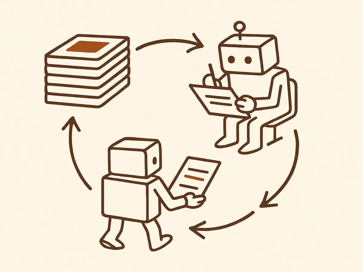 Three stations in a circle joined by one-way arrows: a stack of cards, a boxy figure writing on a sheet, and a second boxy figure carrying a sheet back to the stack. One card is shaded darker, and the same shading marks a line on the carried sheet.
