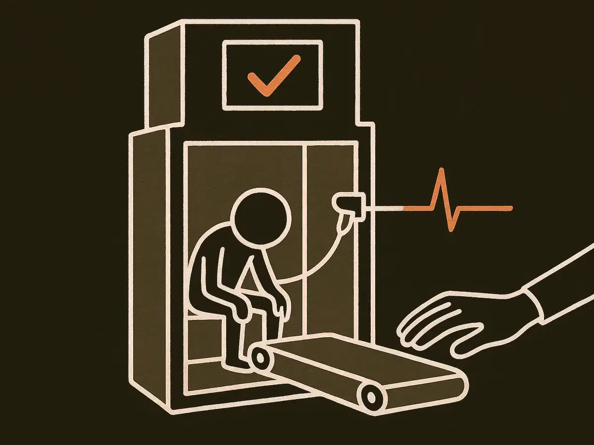 A side cutaway of a machine. An upper status board shows one card marked with a tick. Below, behind an open panel, a figure sits slumped at a stopped treadmill while two probes reach in from the right, one clipped to its wrist and one resting on the belt.