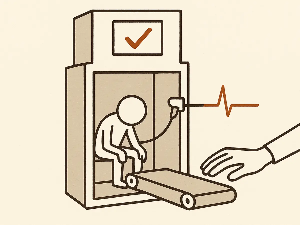 A side cutaway of a machine. An upper status board shows one card marked with a tick. Below, behind an open panel, a figure sits slumped at a stopped treadmill while two probes reach in from the right, one clipped to its wrist and one resting on the belt.