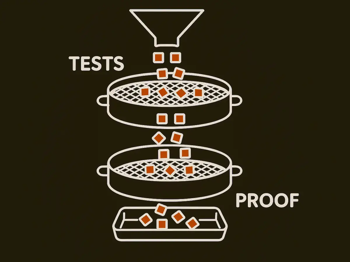 Small square tiles pour from a hopper through a coarse sieve without catching, then land on a much finer sieve below, where about a third are held on the surface and the rest fall into a tray.