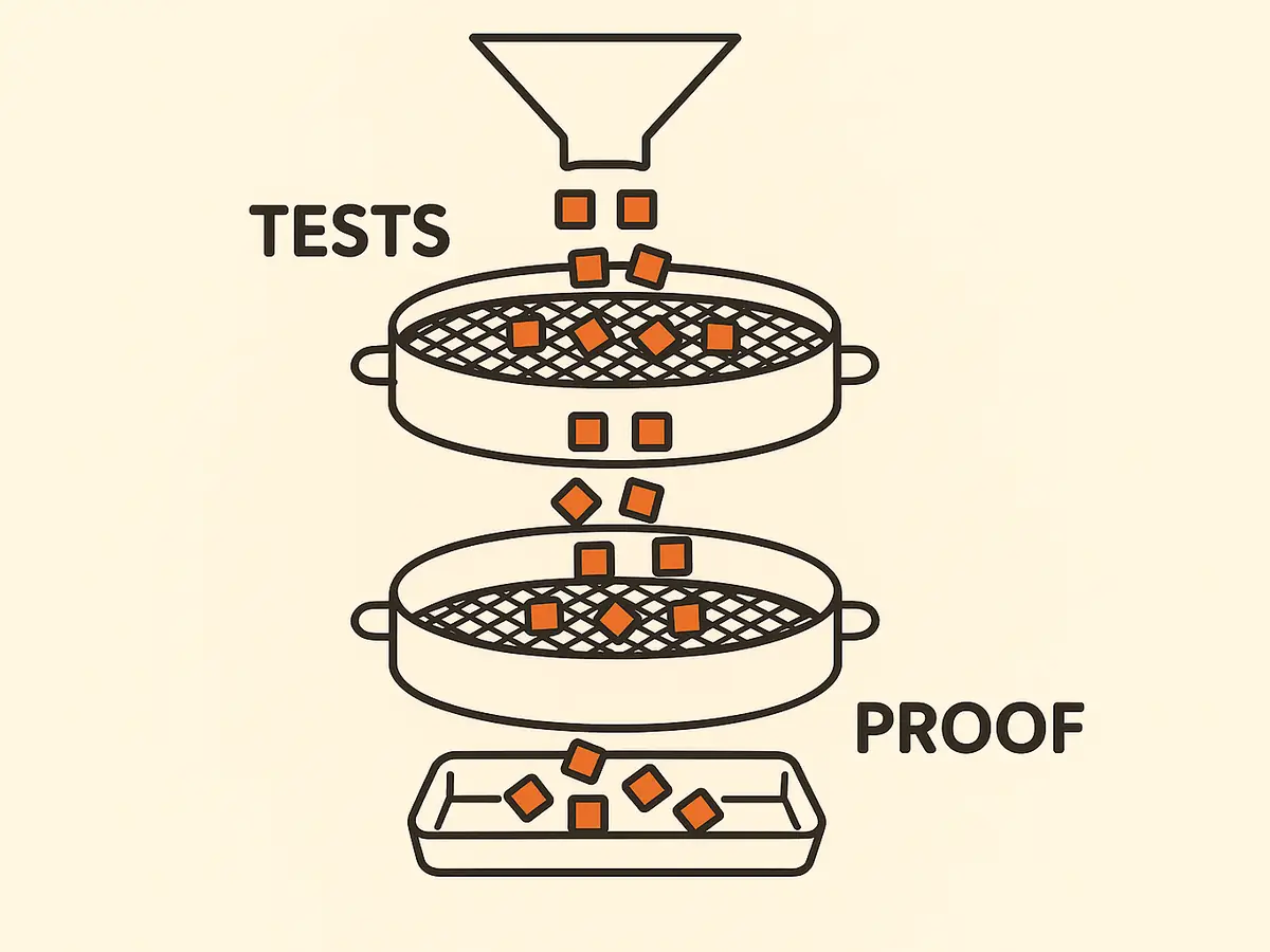 Small square tiles pour from a hopper through a coarse sieve without catching, then land on a much finer sieve below, where about a third are held on the surface and the rest fall into a tray.
