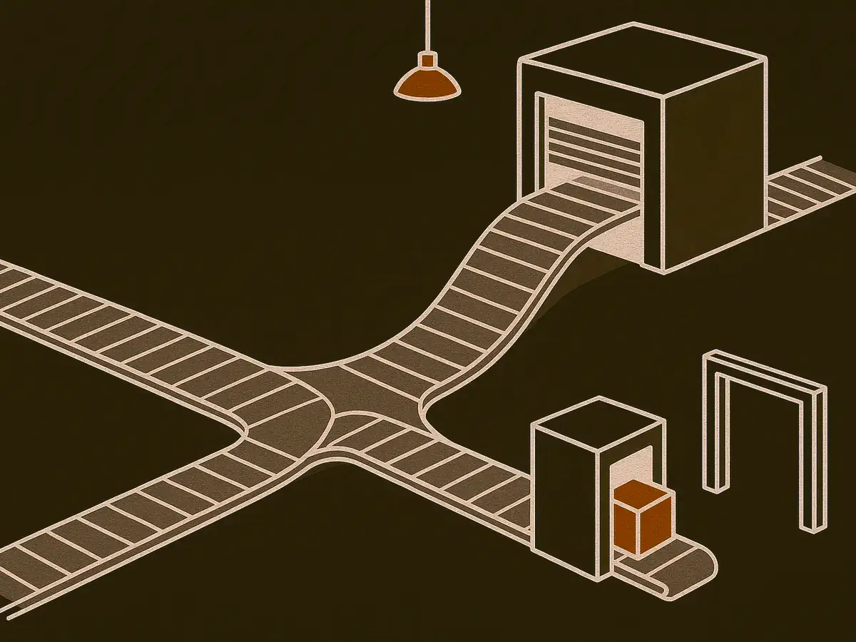 A conveyor belt forks: the branch leading to a large shuttered inspection booth is unused, and a parcel travels the other branch through a much smaller booth and on toward an open door.