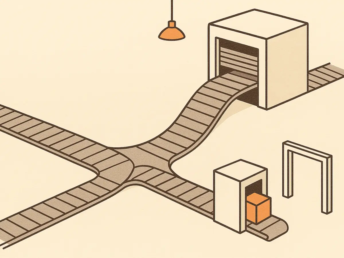 A conveyor belt forks: the branch leading to a large shuttered inspection booth is unused, and a parcel travels the other branch through a much smaller booth and on toward an open door.