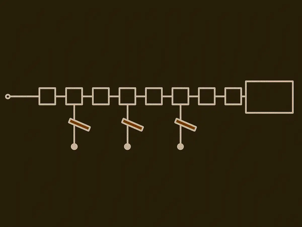 A left-to-right track of small squares. At three of them a fainter path peels downward into a dead end, and a short hinged bar is swung shut across each of those three turnoffs. The main track runs past them to a single larger open square at the right.