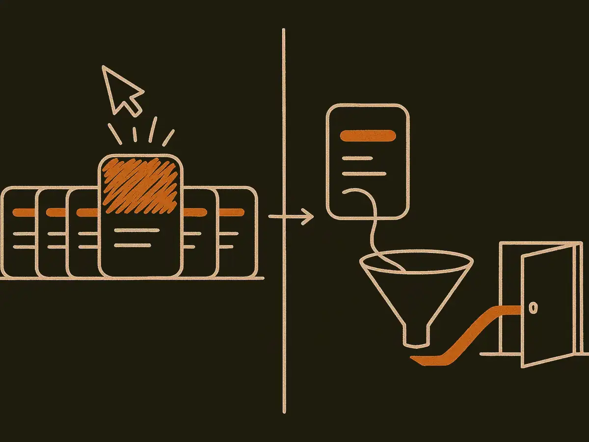Two panels. On the left a selector hovers over a rack of cards while one larger card with a scribbled label pulls it in with short curved lines. On the right that card feeds a ribbon into a funnel, and the ribbon comes out redrawn and heads toward a small door standing ajar.