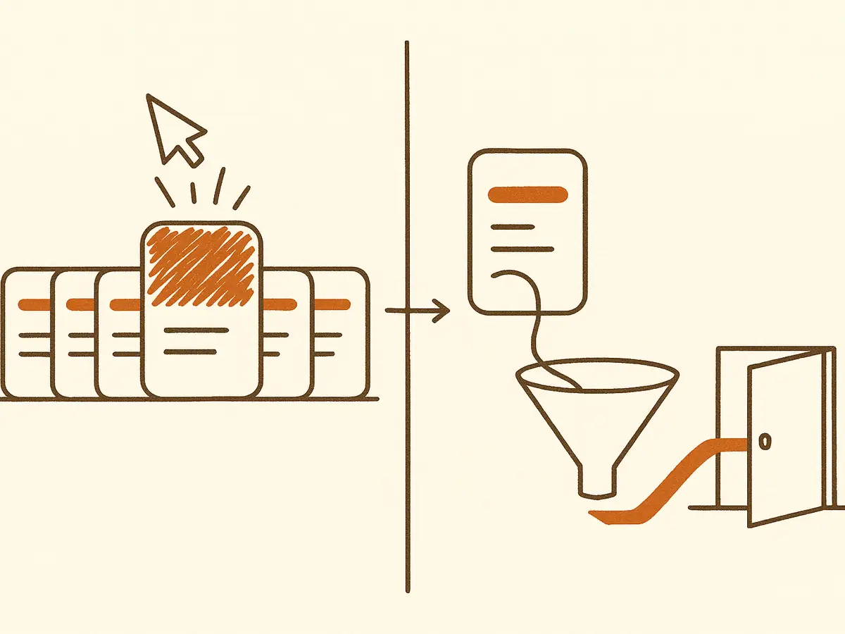 Two panels. On the left a selector hovers over a rack of cards while one larger card with a scribbled label pulls it in with short curved lines. On the right that card feeds a ribbon into a funnel, and the ribbon comes out redrawn and heads toward a small door standing ajar.