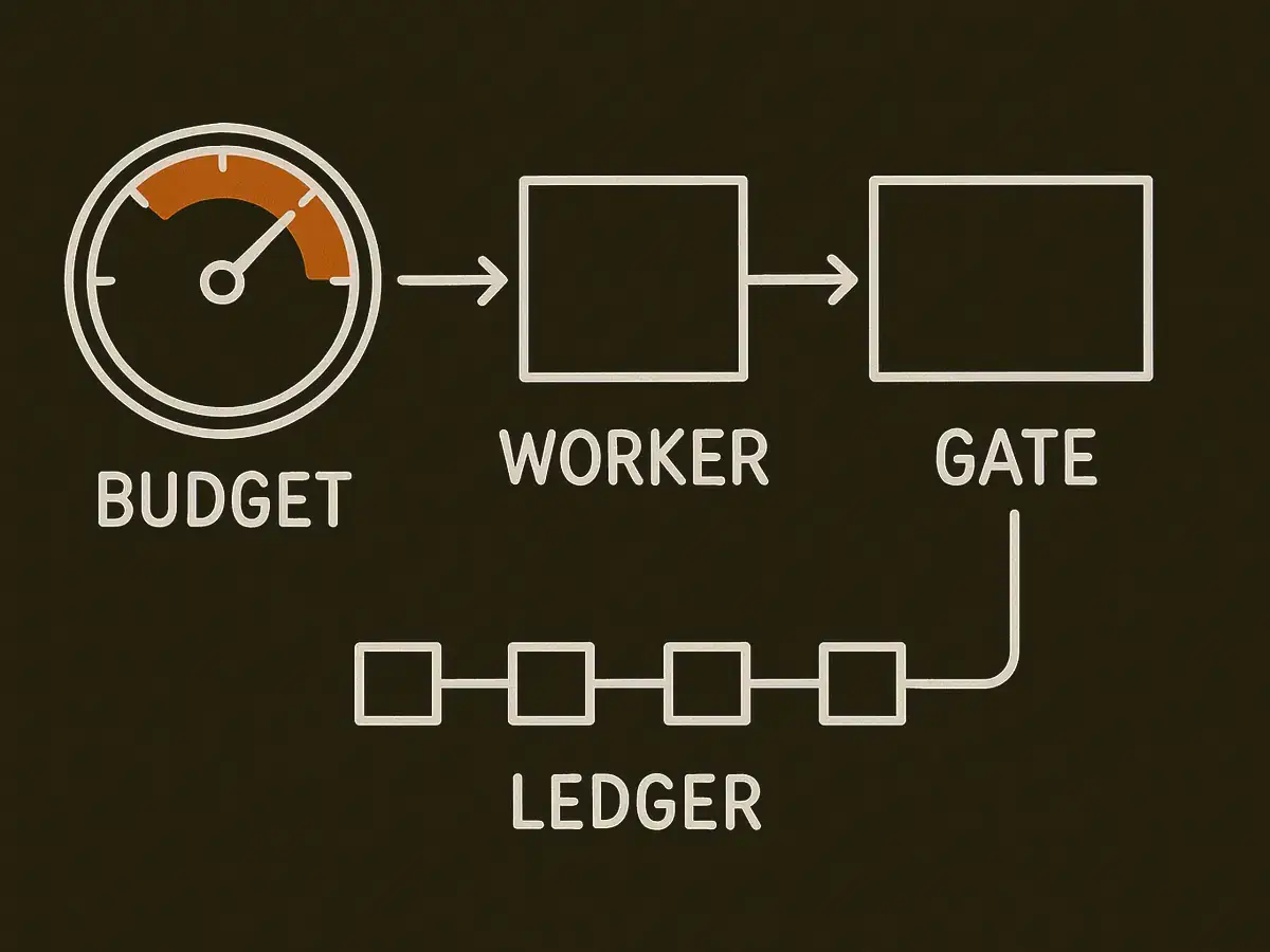 A diagram. A gauge marked BUDGET feeds a box marked WORKER, which points by one arrow to a separate box marked GATE. No arrow returns from the worker to the gate. Below the gate, five small blocks linked into a chain are marked LEDGER.