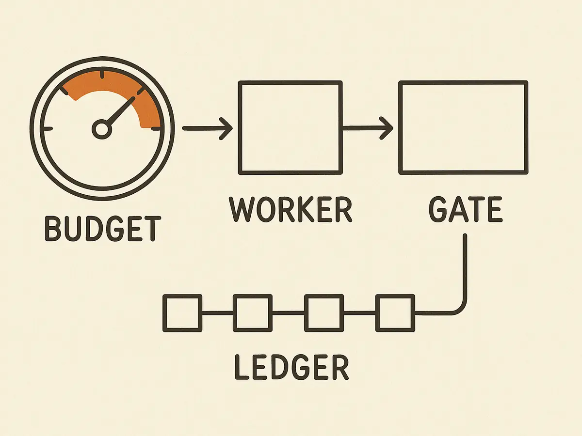 A diagram. A gauge marked BUDGET feeds a box marked WORKER, which points by one arrow to a separate box marked GATE. No arrow returns from the worker to the gate. Below the gate, five small blocks linked into a chain are marked LEDGER.