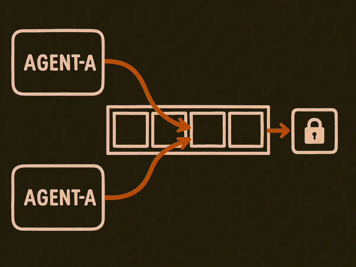 A diagram. Two cards, each carrying the same name plate reading AGENT-A, point into one slot of a rack of pigeonholes. A single arrow leaves that slot and runs to the right-hand of two endpoint boxes. The left endpoint box, drawn with a padlock, receives nothing.