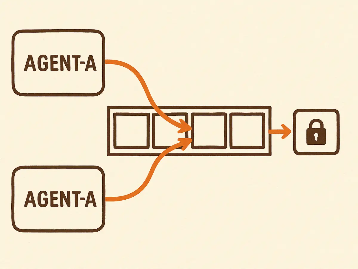 A diagram. Two cards, each carrying the same name plate reading AGENT-A, point into one slot of a rack of pigeonholes. A single arrow leaves that slot and runs to the right-hand of two endpoint boxes. The left endpoint box, drawn with a padlock, receives nothing.